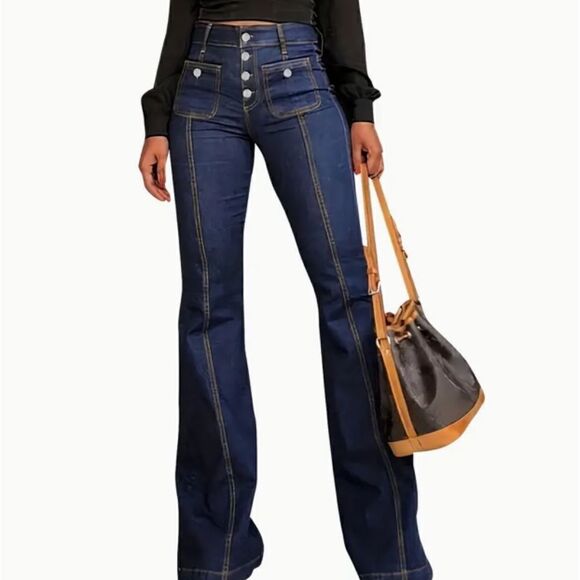 High Waist Patchwork Bell Bottom Jeans Multi Button Fly Stretchy Wide Leg - Picture 3 of 7